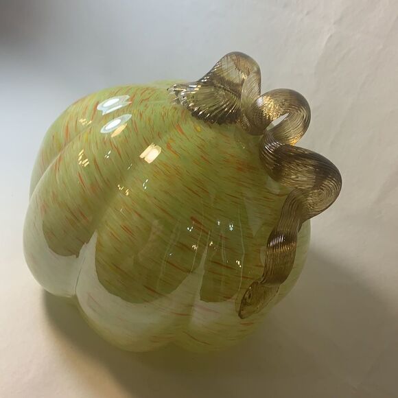 Vintage Art Glass Pumpkin Hand Blown Orange Green Applied Stem Collector Holiday - Picture 2 of 9